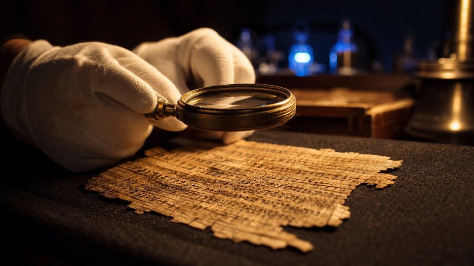 Des mains gantées tiennent une loupe au-dessus d'un fragment de papyrus