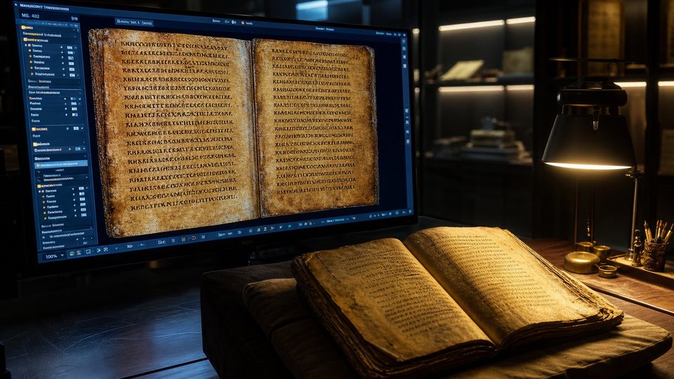 Un écran affiche la numérisation d'un codex ancien posé devant lui