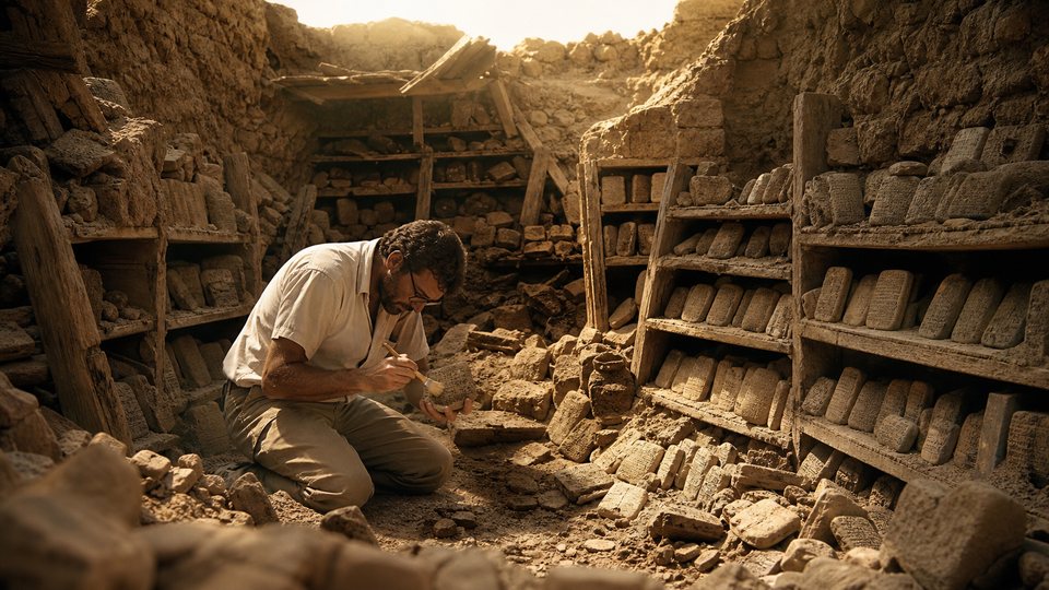 Un archéologue dégage des tablettes d'argile rangées sur des étagères effondrées, dans une salle d'archives antique