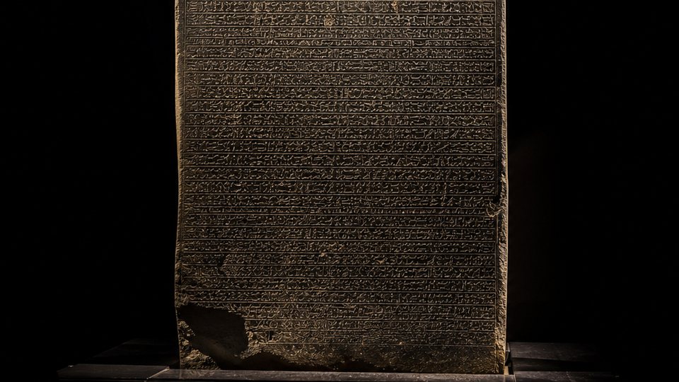 Grande stèle de granit sombre couverte de lignes de hiéroglyphes, présentée dans une vitrine de musée