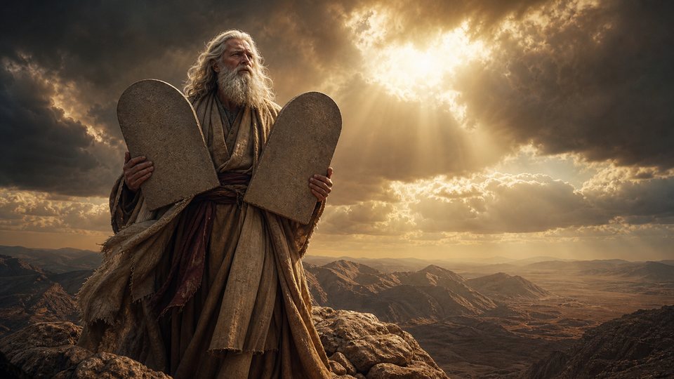 Moïse, vieillard à la barbe blanche, tenant deux tables de pierre au sommet d'une montagne, sous un ciel traversé de rayons