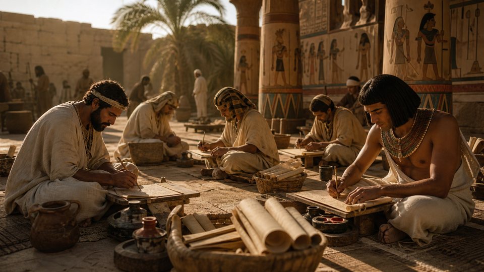 Scribes égyptiens assis en tailleur, écrivant sur des papyrus dans la cour d'un temple aux colonnes peintes