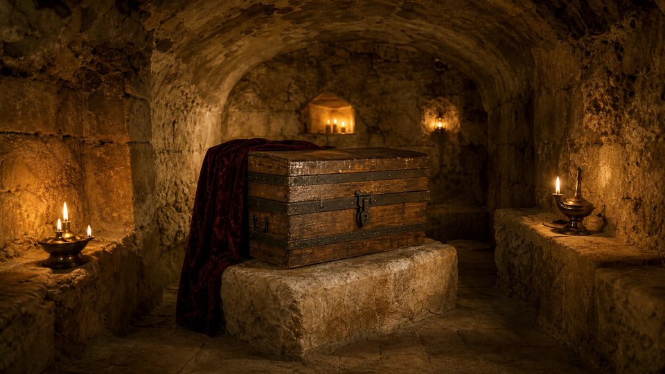 Petite crypte de pierre éclairée à la bougie, un coffre cerclé de fer posé sur un socle