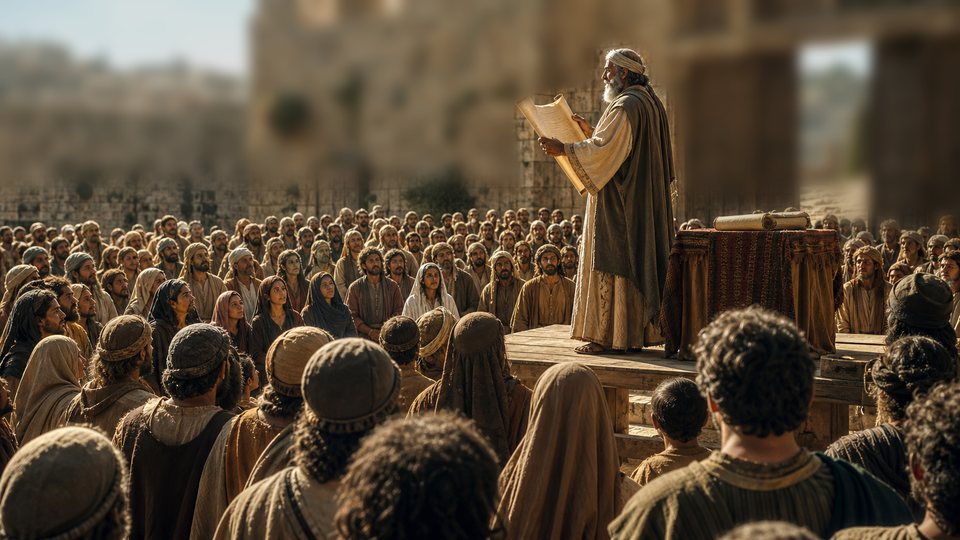 Esdras, debout sur une estrade de bois, lit un rouleau devant une foule rassemblée à Jérusalem