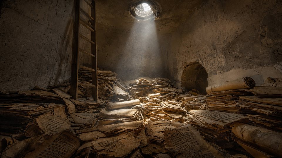 Grenier poussiéreux rempli de milliers de fragments de manuscrits, éclairé par un rai de lumière