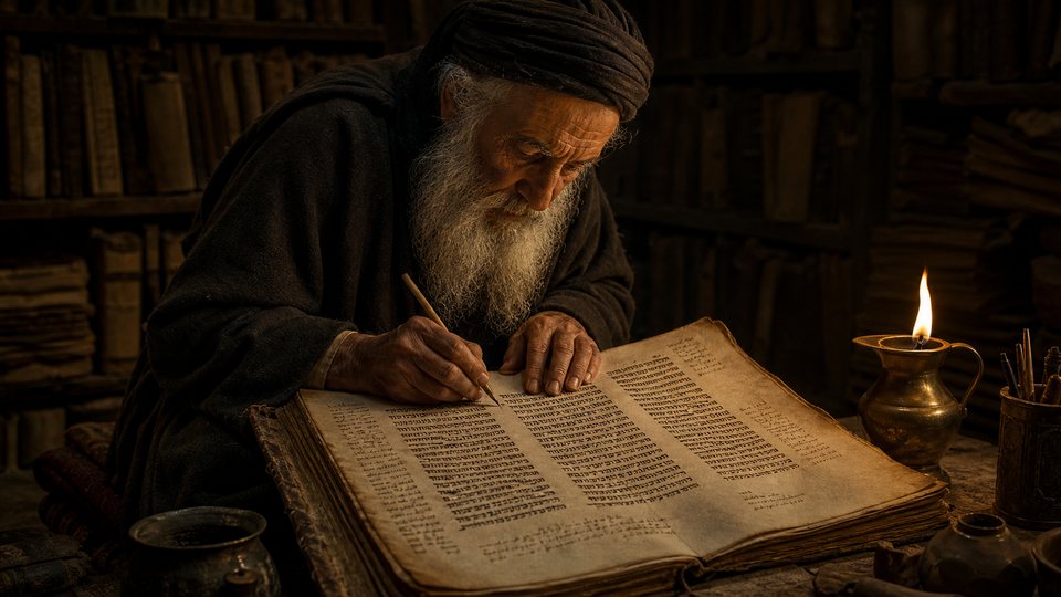 Un vieux savant à la barbe blanche ajoute des points-voyelles dans un grand codex, à la lumière d'une lampe à huile