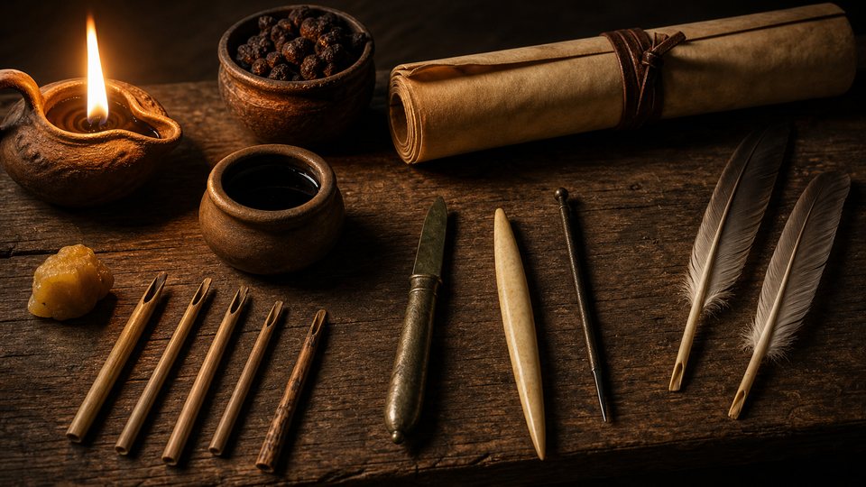 Calames, plumes, encrier d'argile, canif et rouleau de parchemin sur une table de bois éclairée par une lampe à huile