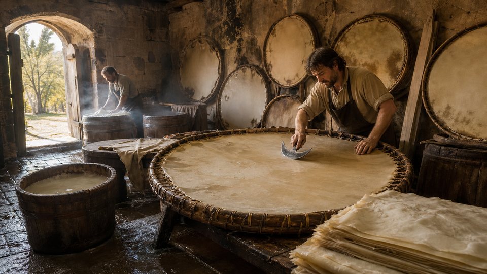Atelier de parcheminier : peaux tendues sur de grands cerceaux de bois, un artisan racle une peau