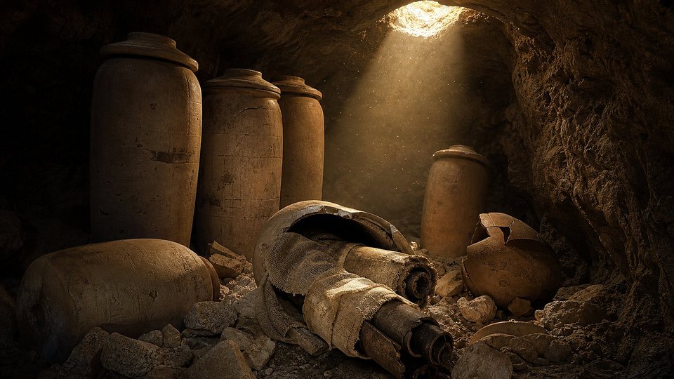 Jarres d'argile cylindriques dans une grotte ; l'une, ouverte, contient des rouleaux enveloppés de lin
