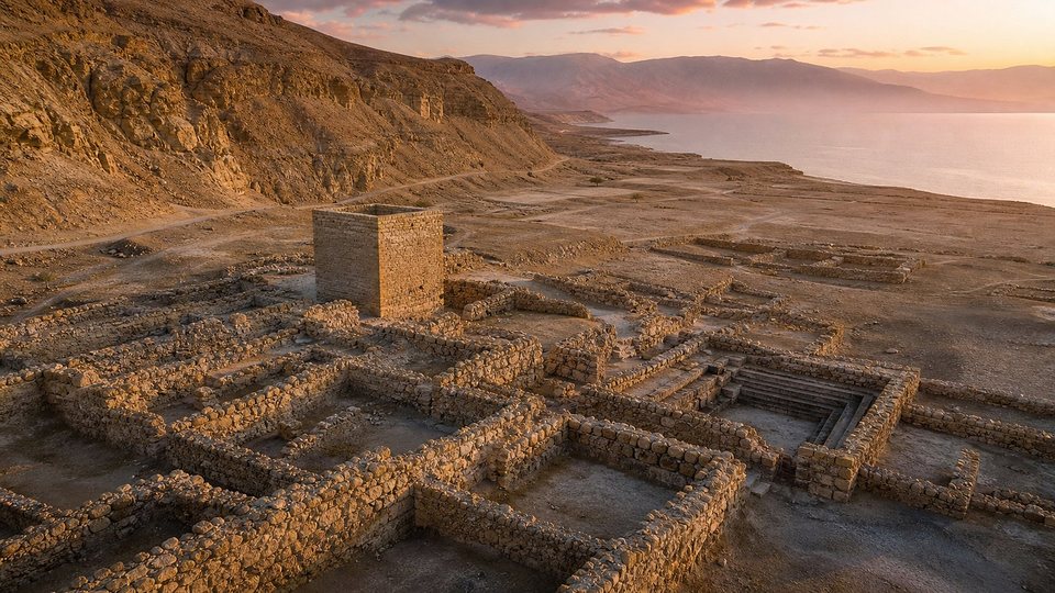 Vue aérienne des ruines de Khirbet Qumrân au pied des falaises, au bord de la mer Morte