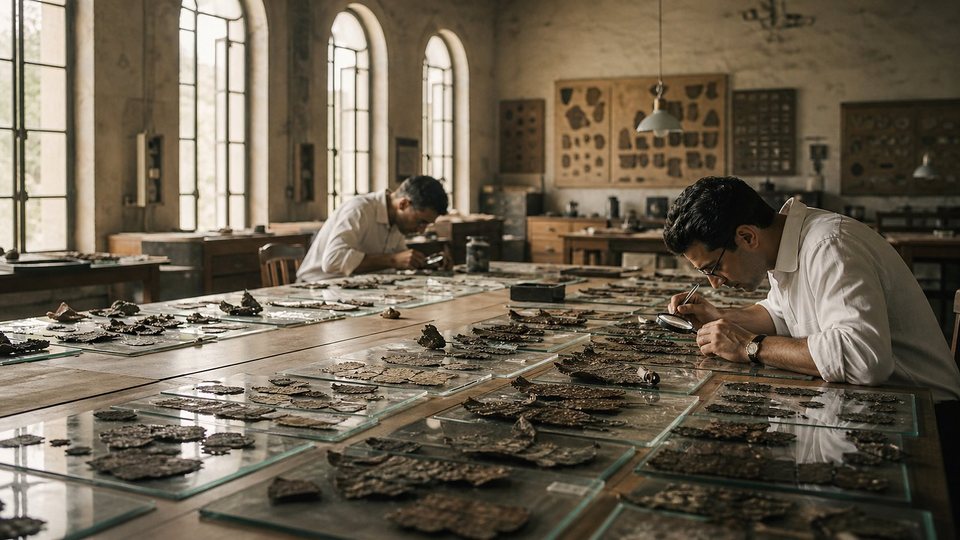 Années 1950 : un chercheur examine à la loupe des centaines de fragments disposés sous des plaques de verre