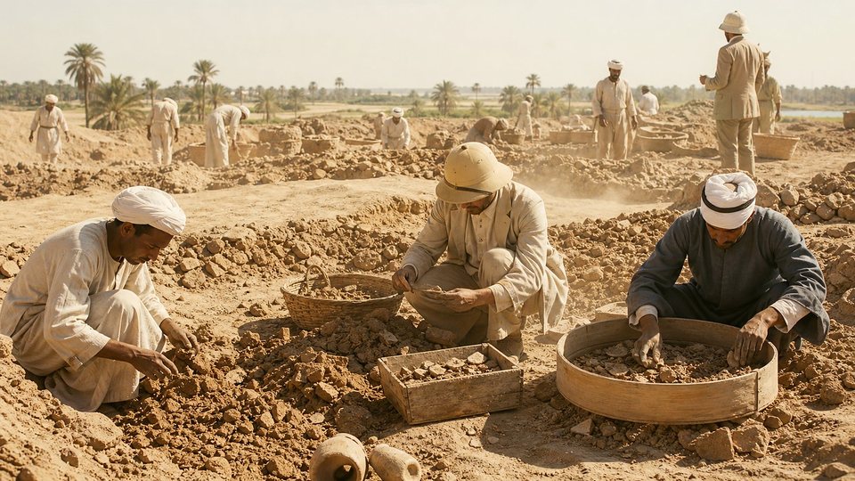 Des archéologues du début du XXe siècle et des ouvriers égyptiens tamisent le sable de buttes antiques pour en extraire des papyrus