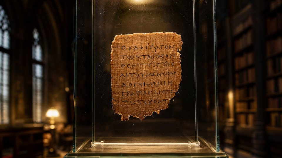 Un minuscule fragment de papyrus portant quelques lignes grecques, présenté seul dans une vitrine éclairée