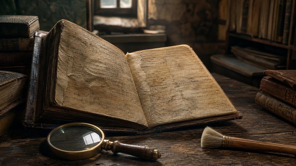 Un ancien codex à reliure de bois ouvert ; ses pages de garde sont faites de parchemin plus ancien portant des traces d'écriture grecque