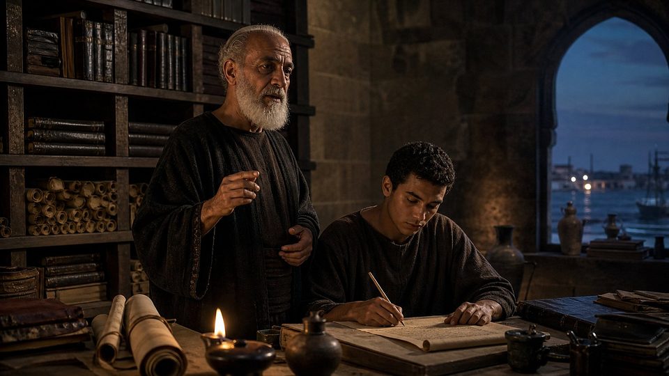 Un vieil évêque à barbe blanche dicte une lettre à un jeune copiste, à la lueur d'une lampe, devant des étagères de codex et de rouleaux