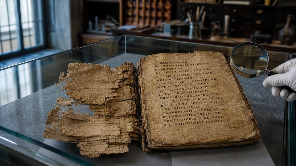 Un codex de papyrus copte ancien ouvert sous verre ; la page de gauche n'est plus qu'une suite de lambeaux