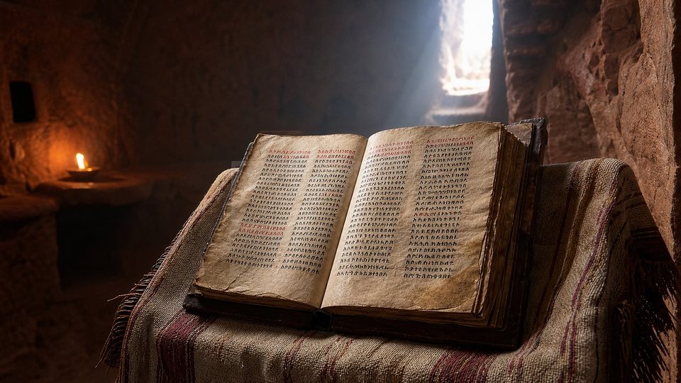 Un ancien livre de parchemin écrit en guèze, à l'encre noire et rouge, ouvert sur un lutrin de bois dans un sanctuaire taillé dans la roche