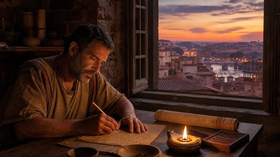 Un Romain du IIe siècle écrit à la lampe à huile près d'une fenêtre ouverte sur les toits de Rome au crépuscule