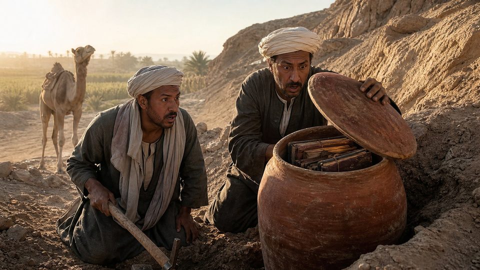 Deux paysans égyptiens agenouillés au pied d'une falaise soulèvent le couvercle d'une grande jarre de terre cuite remplie de livres anciens