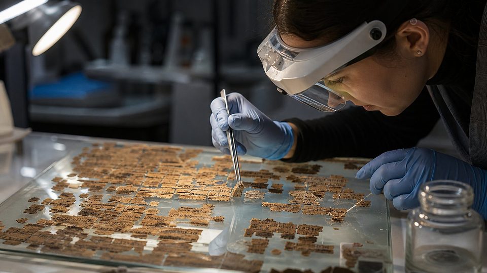 Une restauratrice reconstitue à la pince des centaines de minuscules fragments de papyrus sur une plaque de verre