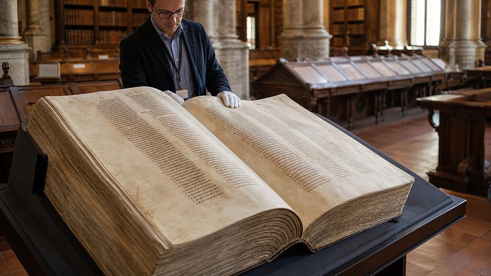 Un conservateur en costume, ganté de blanc, pose les mains sur un énorme codex ouvert de plusieurs dizaines de centimètres d'épaisseur, dans une bibliothèque Renaissance