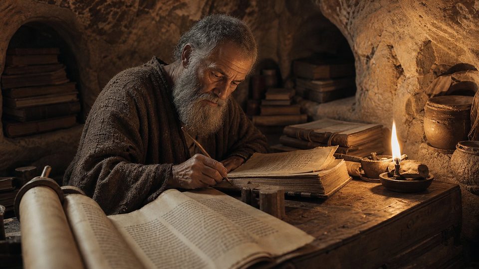 Un vieil érudit à la barbe grise écrit à la lueur d'une lampe à huile dans une grotte aménagée, entouré de rouleaux et de codex