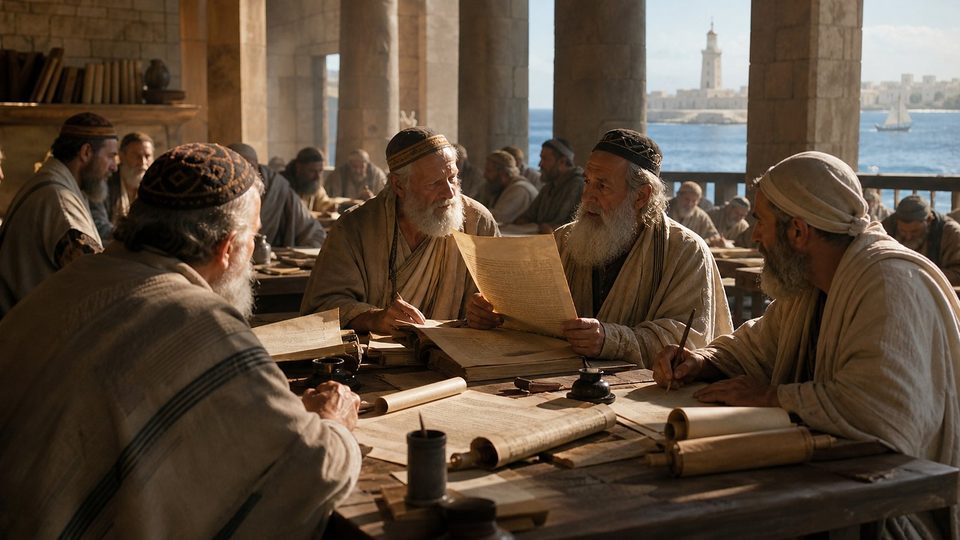 Des savants juifs âgés, assis autour de longues tables couvertes de rouleaux, traduisent dans une salle à colonnes ouverte sur le port d'Alexandrie et son phare