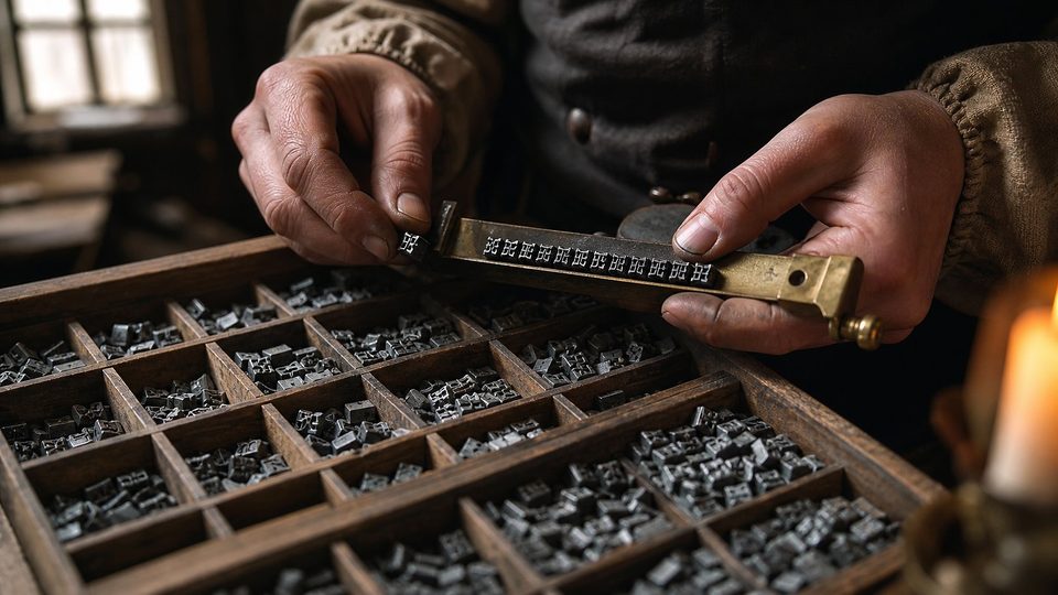Les mains d'un compositeur placent de minuscules lettres de métal dans un composteur, au-dessus d'une casse