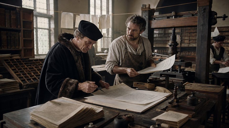 Un savant en robe bordée de fourrure et bonnet noir corrige des épreuves imprimées à côté d'un imprimeur en tablier, dans un atelier de la Renaissance