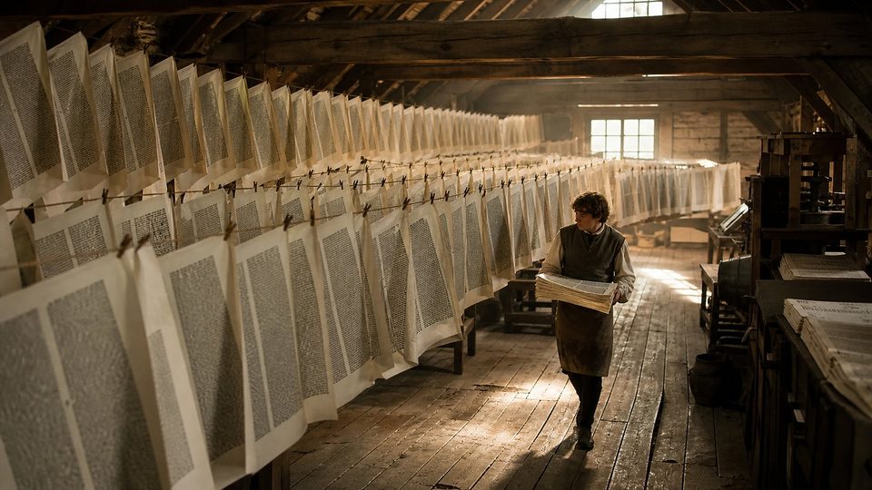 Des centaines de grandes feuilles imprimées sèchent sur des cordes sous une charpente, éclairées par un rayon de soleil