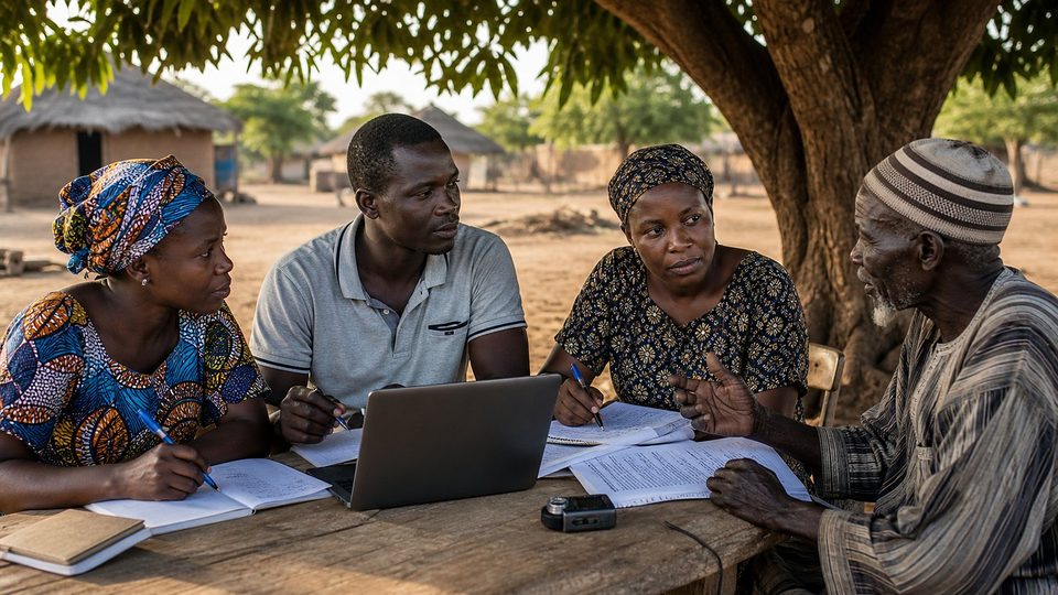 Sous un grand manguier, trois traducteurs africains travaillent autour d'une table avec un ordinateur portable et des pages annotées, tandis qu'un ancien du village donne son avis