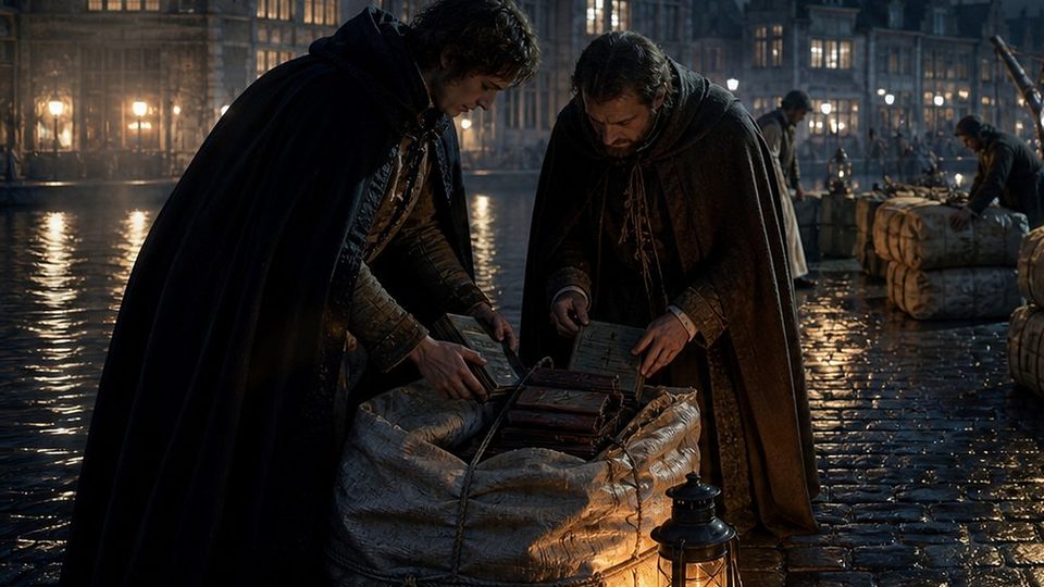 De nuit, sur un quai pavé et mouillé, deux hommes en cape glissent de petits livres dans un ballot de tissu, à la lueur d'une lanterne
