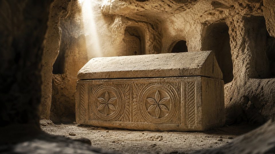 Coffre funéraire en calcaire orné de deux grandes rosaces, dans une grotte funéraire éclairée par un rayon de lumière