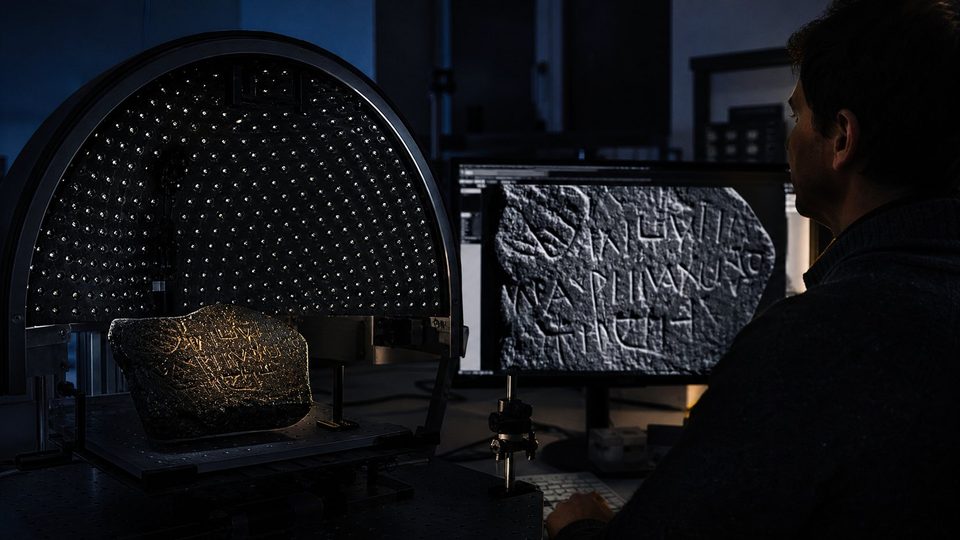 Dans un laboratoire sombre, une pierre inscrite sous un dôme de petites lampes ; un chercheur observe sur un écran le relief des lettres