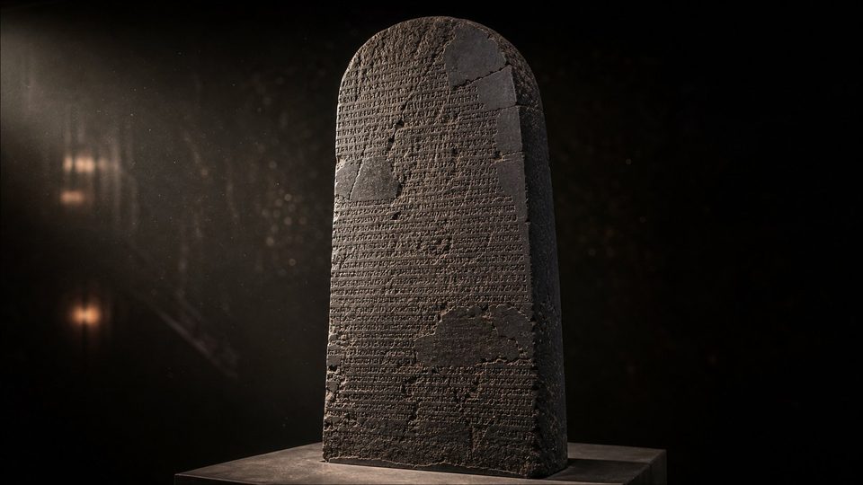 La stèle de Mésha, haute pierre de basalte noir au sommet arrondi couverte de lignes d'écriture, sous un projecteur dans une galerie sombre