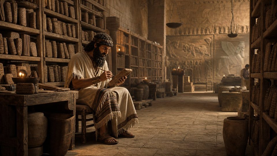 Un scribe assyrien barbu lit une tablette dans une longue salle remplie d'étagères de tablettes d'argile, éclairée par des lampes à huile