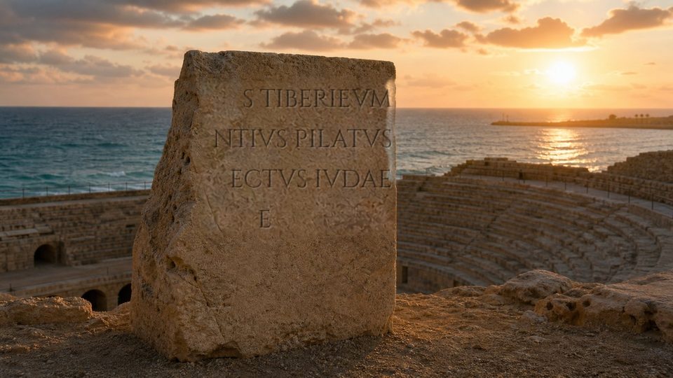 Bloc de calcaire portant une inscription latine en capitales, devant les gradins d'un théâtre romain au bord de la mer au coucher du soleil
