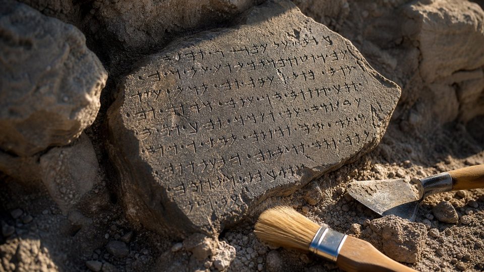 Fragment triangulaire de basalte gravé de lignes d'écriture araméenne, à demi pris dans la terre d'une fouille, avec une brosse et une truelle