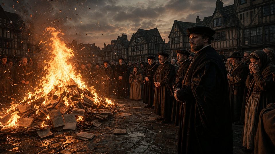 Un grand feu de livres sur une place pavée bordée de maisons à colombages, au crépuscule, devant une foule silencieuse