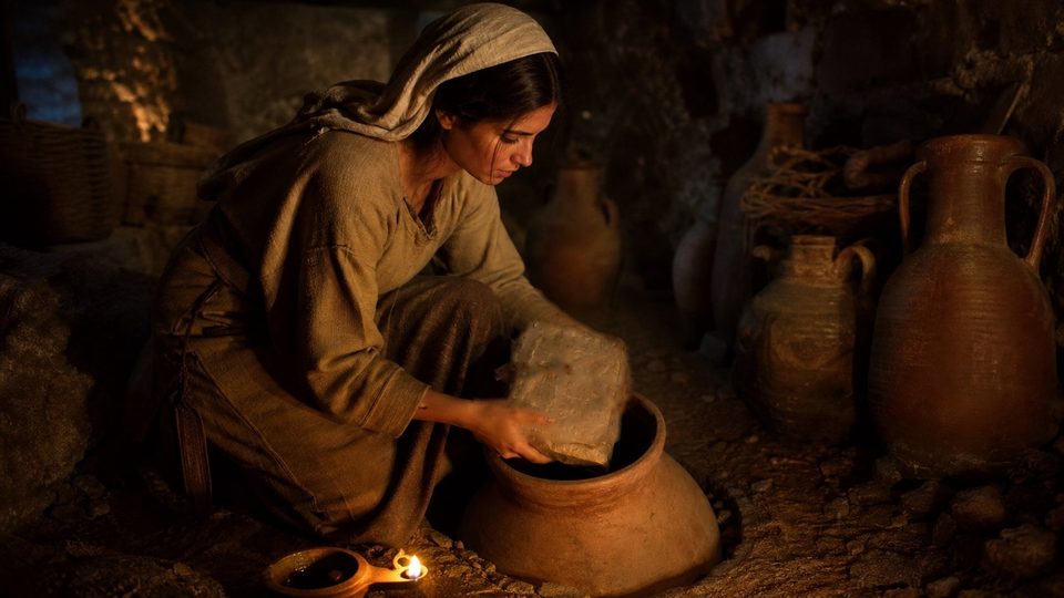 Une femme agenouillée, à la lueur d'une lampe à huile, glisse un paquet enveloppé de lin dans une grande jarre d'argile