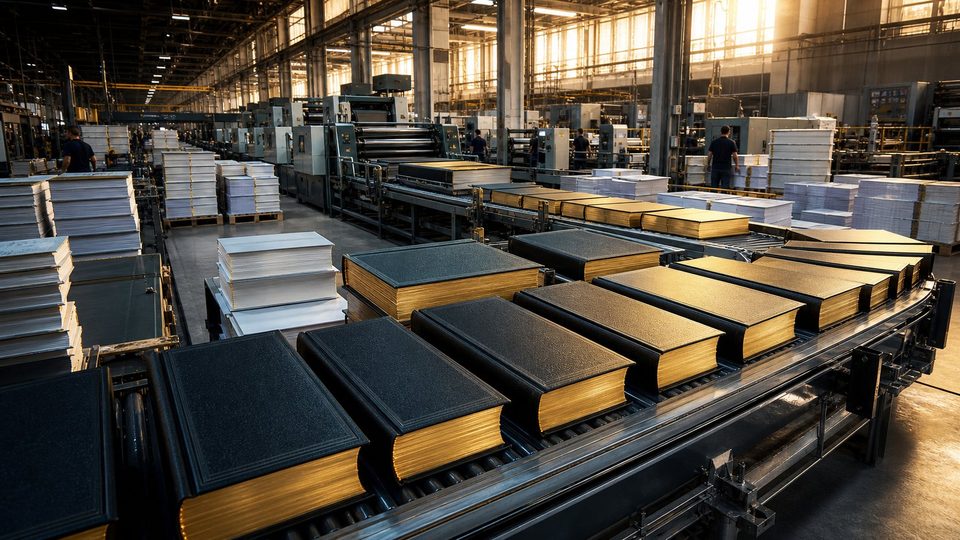 Une immense imprimerie moderne où des Bibles reliées de noir aux tranches dorées avancent sur des tapis roulants