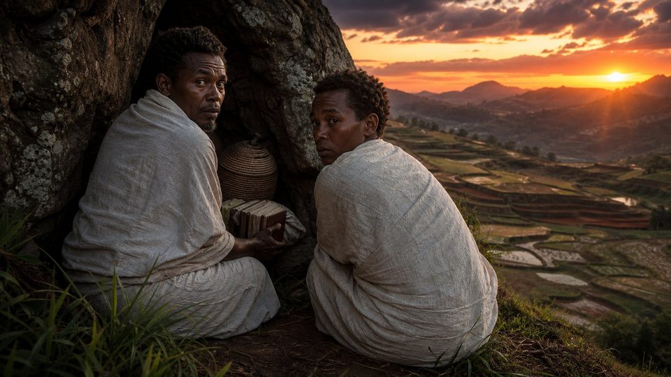 Deux hommes drapés de blanc, assis à l'entrée d'une grotte, tiennent un livre caché ; derrière eux, des rizières en terrasses au coucher du soleil