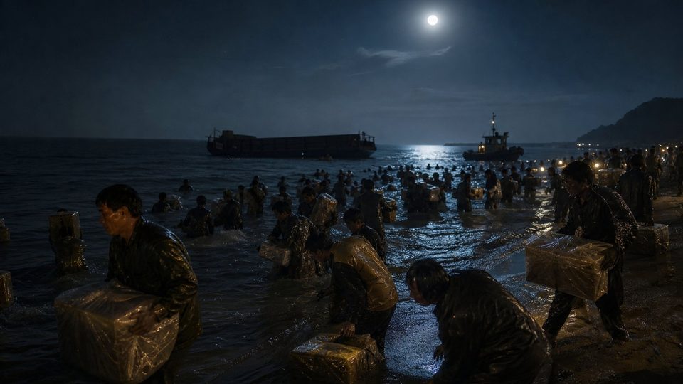 La nuit, sous la lune, des dizaines de personnes portent des colis enveloppés de plastique hors des vagues ; au large, une barge et un remorqueur