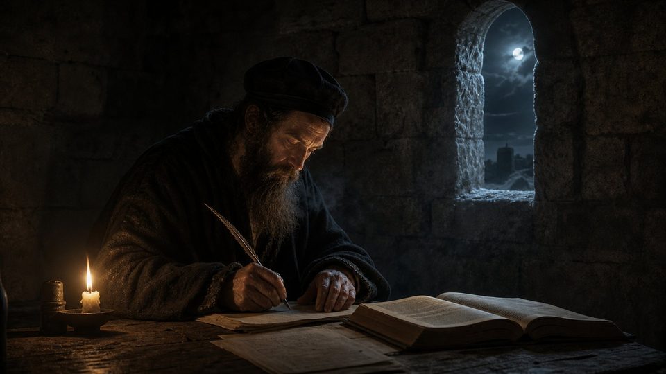 Un homme barbu écrit à la lueur d'une bougie dans une cellule de pierre, des livres ouverts devant lui, la lune visible par une étroite fenêtre