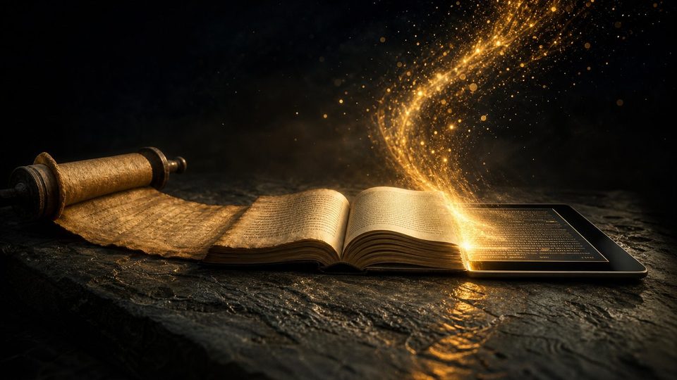 Un rouleau de parchemin se prolonge en un livre imprimé puis en une tablette numérique, d'où s'élève une rivière de lumière dorée