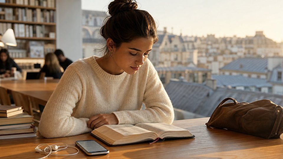 Une jeune femme lit une Bible ouverte dans une bibliothèque lumineuse, un téléphone posé à côté, devant les toits de Paris