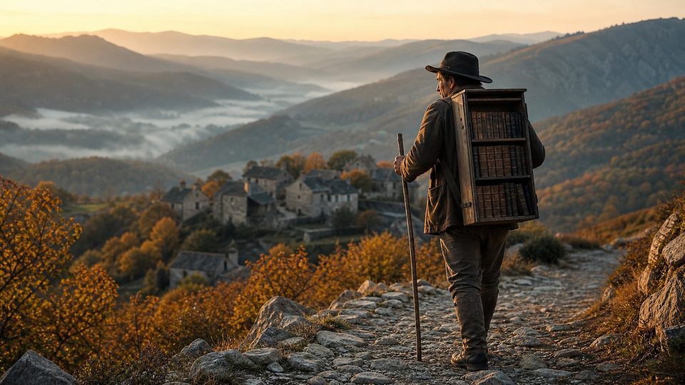 Un colporteur portant sur le dos une caisse de livres marche sur un sentier de montagne au lever du soleil, au-dessus d'un village de pierre