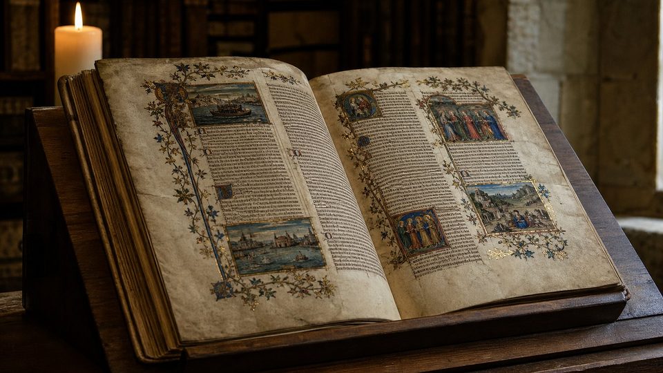 Un manuscrit enluminé ouvert sur un pupitre de bois, ses deux colonnes d'écriture gothique encadrées de rinceaux dorés et de petites peintures