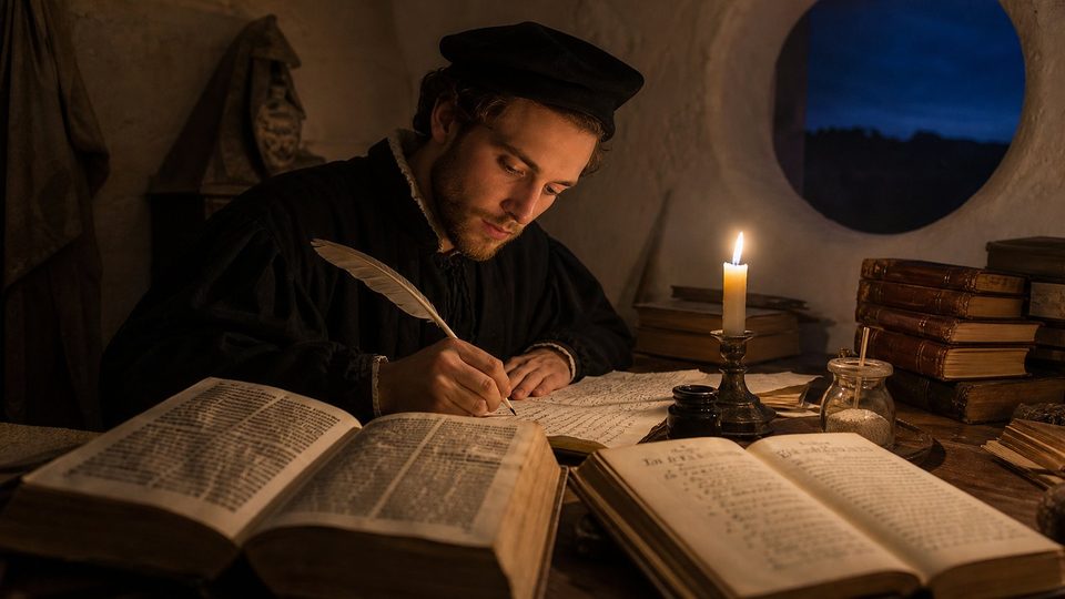 Un jeune érudit coiffé d'une toque noire écrit à la plume, à la lueur d'une bougie, devant des livres hébreux et grecs ouverts