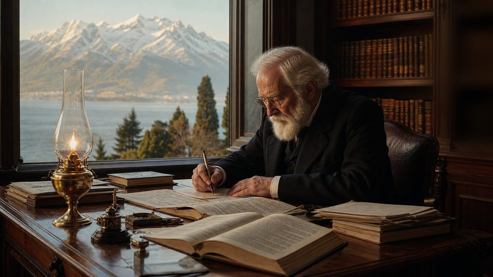 Un vieil homme à barbe blanche écrit à son bureau, devant une fenêtre ouverte sur le lac Léman et les Alpes